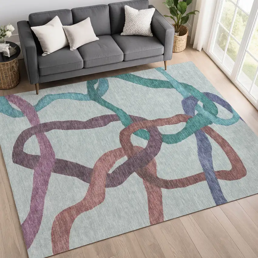 Teal Blue Red And Mauve Abstract Washable Indoor Outdoor Area Rug Photo 5