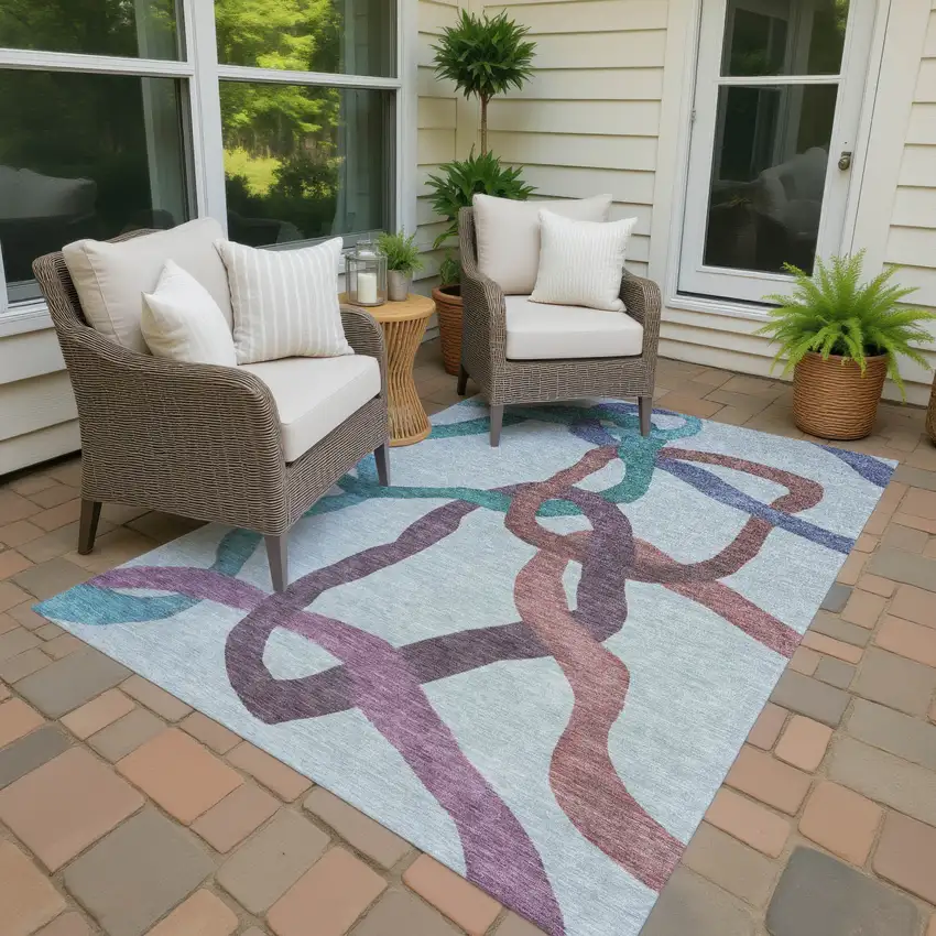 Teal Blue Red And Mauve Abstract Washable Indoor Outdoor Area Rug Photo 4