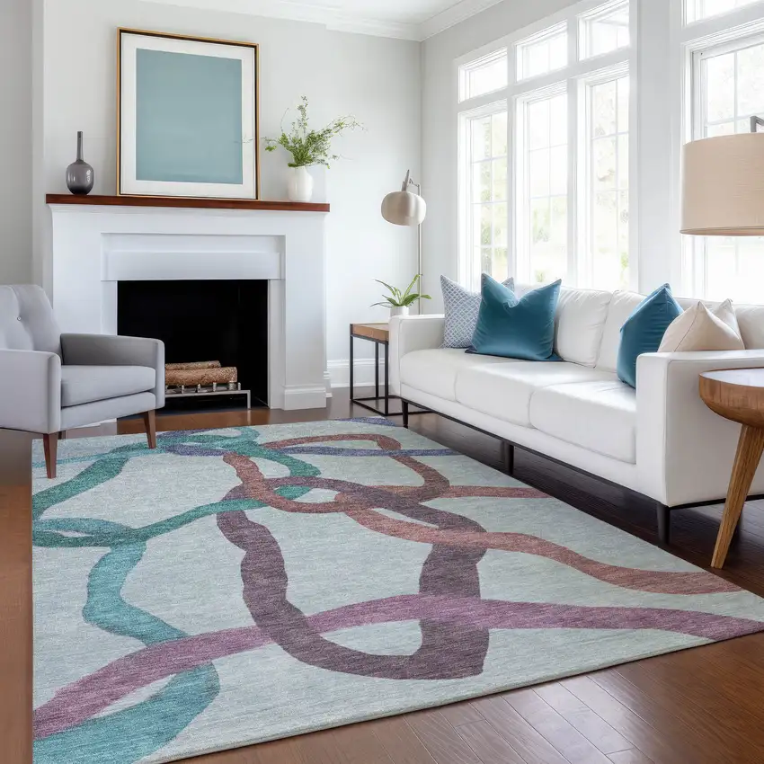 Teal Blue Red And Mauve Abstract Washable Indoor Outdoor Area Rug Photo 6