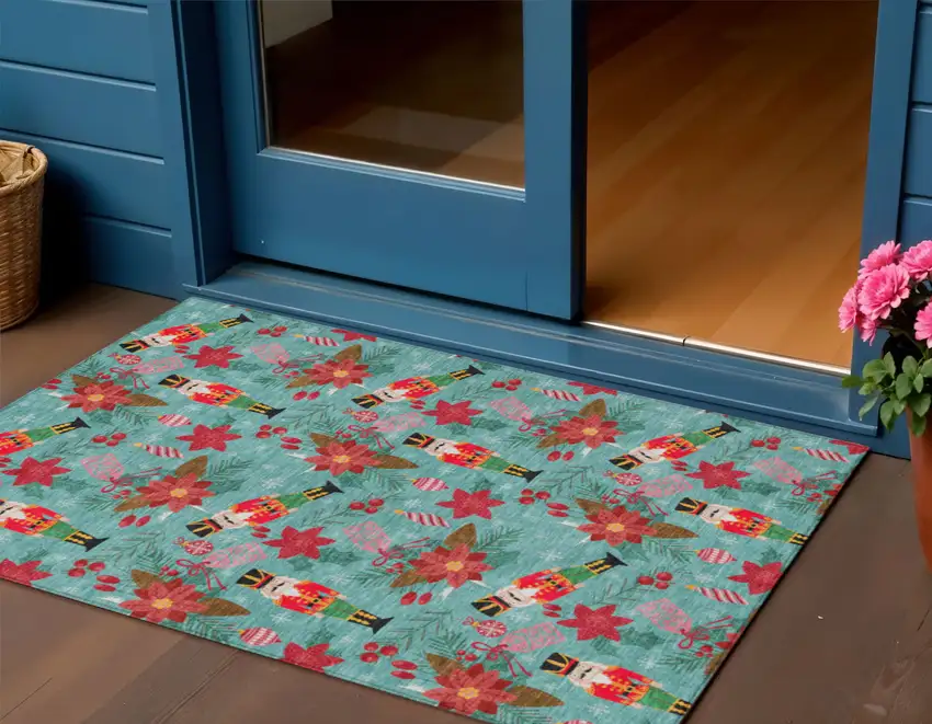 Teal Blue Red Black Pink And Brown Floral Washable Indoor Outdoor Area Rug Photo 1