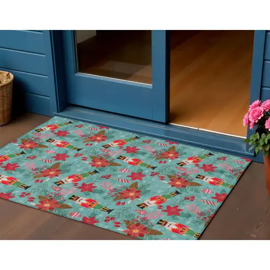 Teal Blue Red Black Pink And Brown Floral Washable Indoor Outdoor Area Rug Photo 2