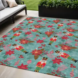 Photo of Teal Blue Red Black Pink And Brown Floral Washable Indoor Outdoor Area Rug