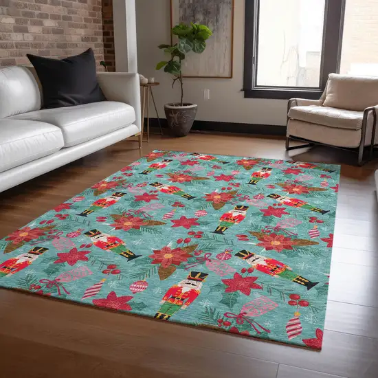 Teal Blue Red Black Pink And Brown Floral Washable Indoor Outdoor Area Rug Photo 4