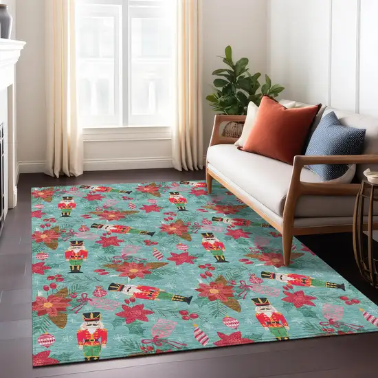 Teal Blue Red Black Pink And Brown Floral Washable Indoor Outdoor Area Rug Photo 5