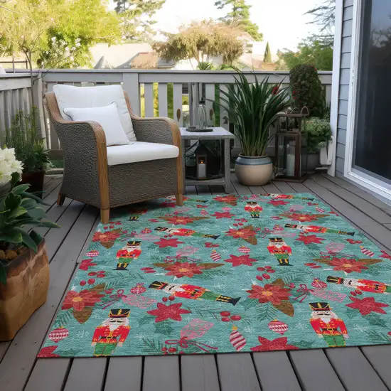 Teal Blue Red Black Pink And Brown Floral Washable Indoor Outdoor Area Rug Photo 6