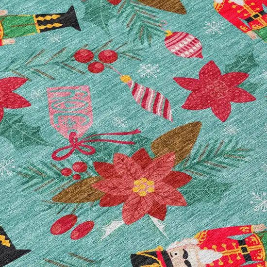 Teal Blue Red Black Pink And Brown Floral Washable Indoor Outdoor Area Rug Photo 3