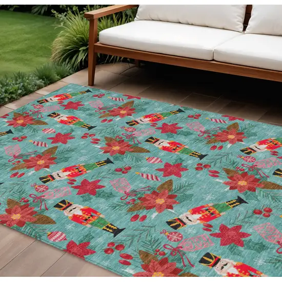 Teal Blue Red Black Pink And Brown Floral Washable Indoor Outdoor Area Rug Photo 1