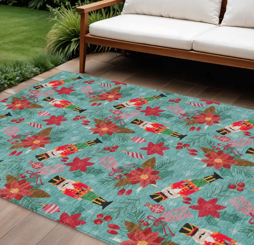 Teal Blue Red Black Pink And Brown Floral Washable Indoor Outdoor Area Rug Photo 1
