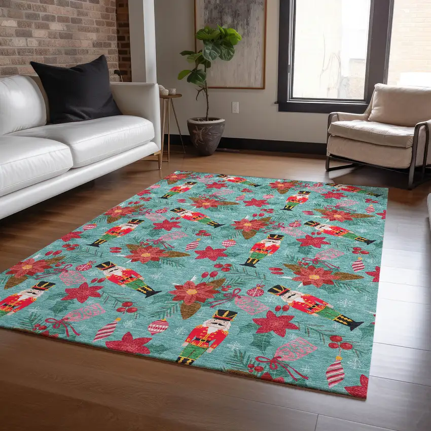 Teal Blue Red Black Pink And Brown Floral Washable Indoor Outdoor Area Rug Photo 5