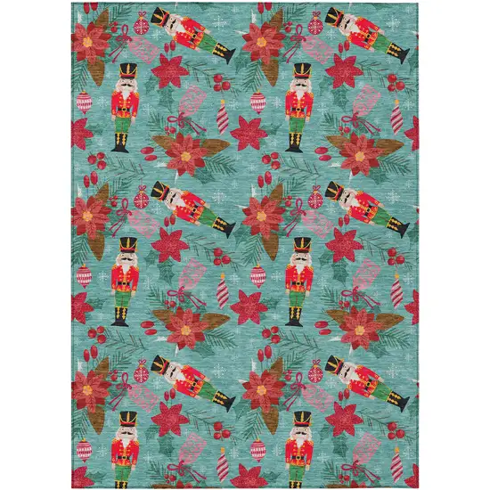 Teal Blue Red Black Pink And Brown Floral Washable Indoor Outdoor Area Rug Photo 8