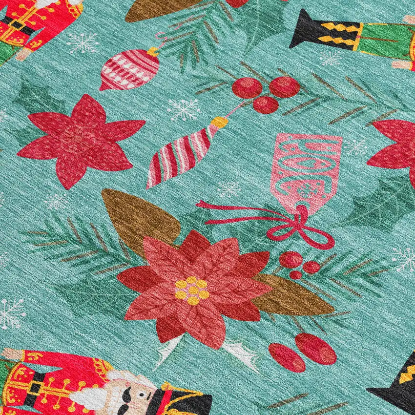 Teal Blue Red Black Pink And Brown Floral Washable Indoor Outdoor Area Rug Photo 3