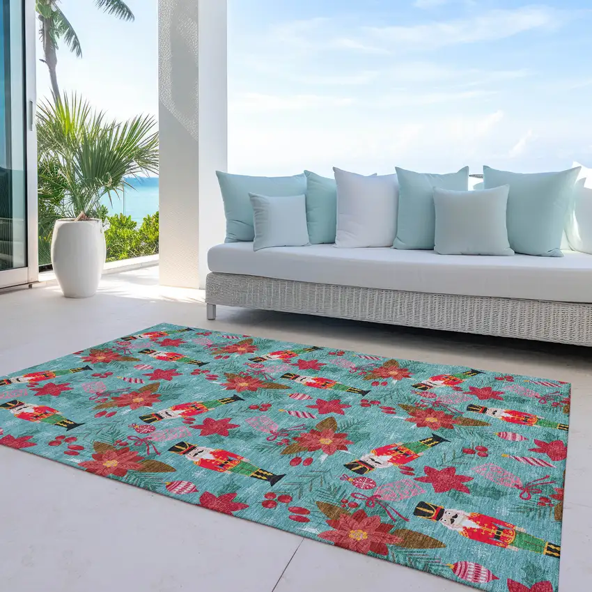 Teal Blue Red Black Pink And Brown Floral Washable Indoor Outdoor Area Rug Photo 4