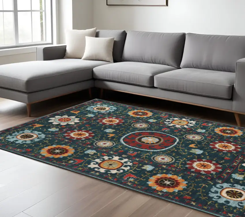 Teal Blue Floral Power Loom Area Rug Photo 1