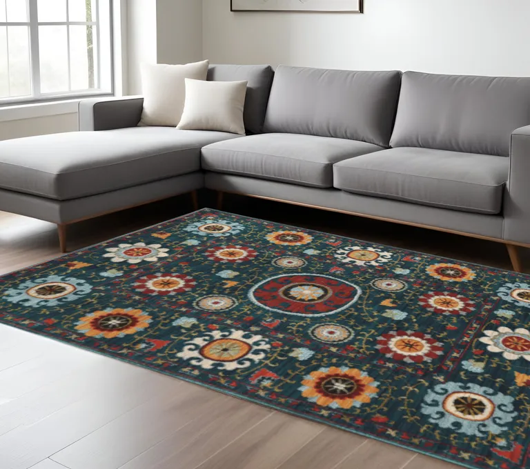 Teal Blue Rust Gold And Ivory Floral Power Loom Stain Resistant Area Rug Photo 5