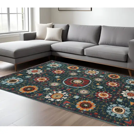 Teal Blue Rust Gold And Ivory Floral Power Loom Stain Resistant Area Rug Photo 1