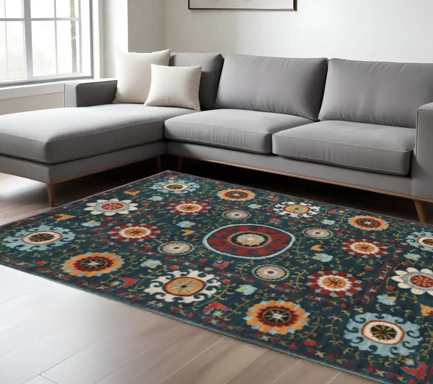 Teal Blue Rust Gold And Ivory Floral Power Loom Stain Resistant Area Rug Photo 1