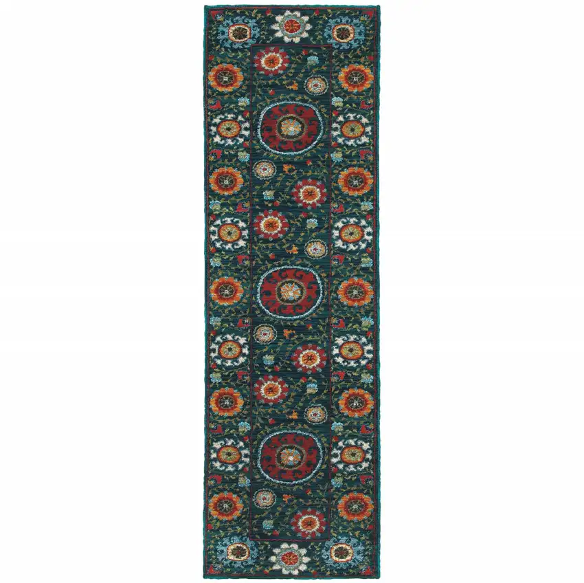Teal Blue Rust Gold And Ivory Floral Power Loom Stain Resistant Runner Rug Photo 1