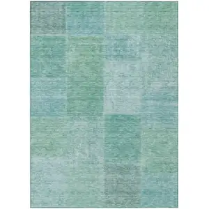 Photo of Teal Blue Sage And Green Patchwork Washable Indoor Outdoor Area Rug