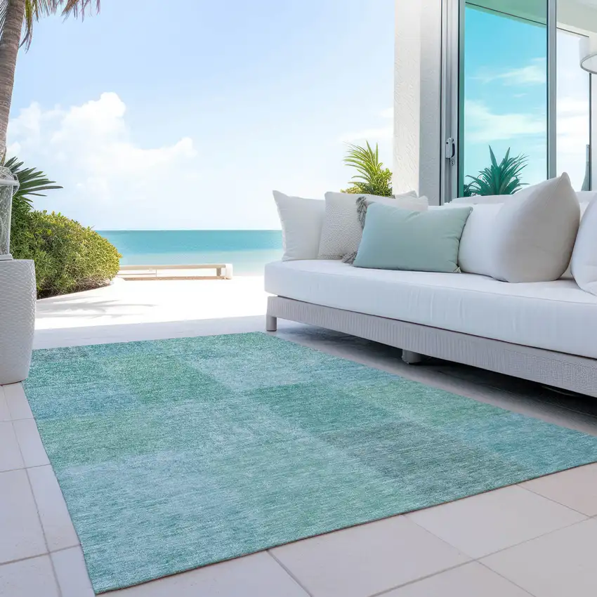 Teal Blue Sage And Green Patchwork Washable Indoor Outdoor Area Rug Photo 9