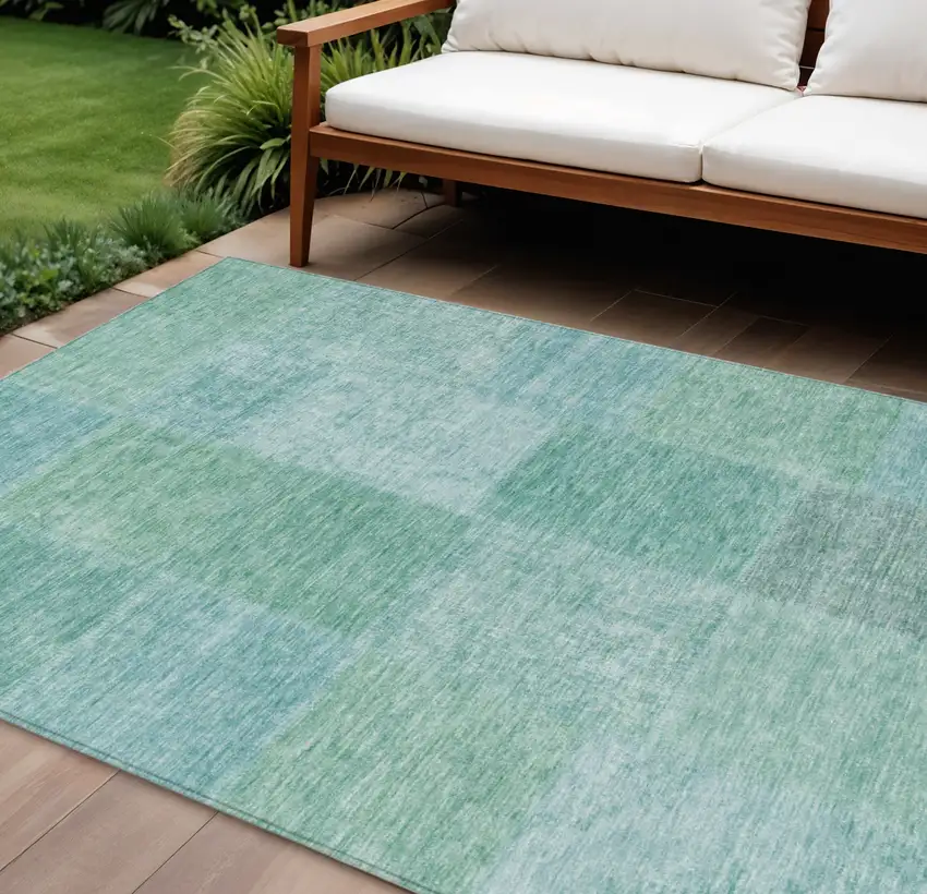 Teal Blue Sage And Green Patchwork Washable Indoor Outdoor Area Rug Photo 1