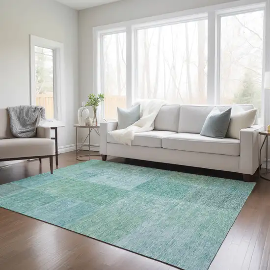 Teal Blue Sage And Green Patchwork Washable Indoor Outdoor Area Rug Photo 9