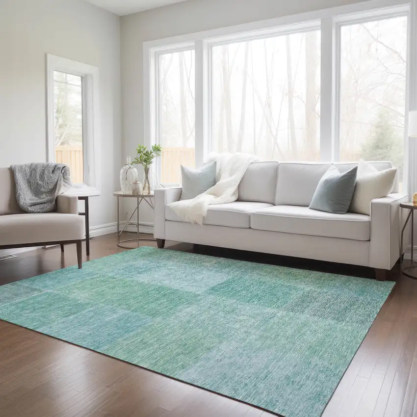 Teal Blue Sage And Green Patchwork Washable Indoor Outdoor Area Rug Photo 9