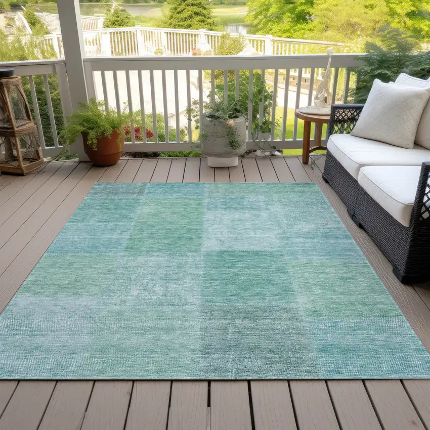 Teal Blue Sage And Green Patchwork Washable Indoor Outdoor Area Rug Photo 7