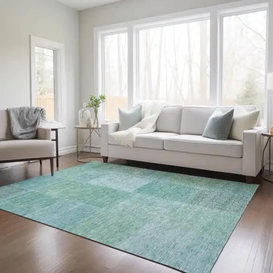 Teal Blue Sage And Green Patchwork Washable Indoor Outdoor Area Rug Photo 9