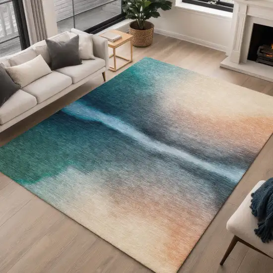 Teal Blue Salmon And Ivory Abstract Washable Indoor Outdoor Area Rug Photo 5