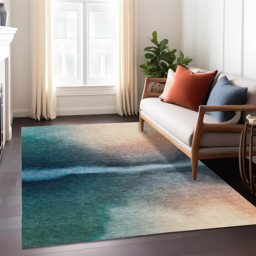Teal Blue Salmon And Ivory Abstract Washable Indoor Outdoor Area Rug Photo 6
