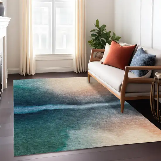 Teal Blue Salmon And Ivory Abstract Washable Indoor Outdoor Area Rug Photo 6