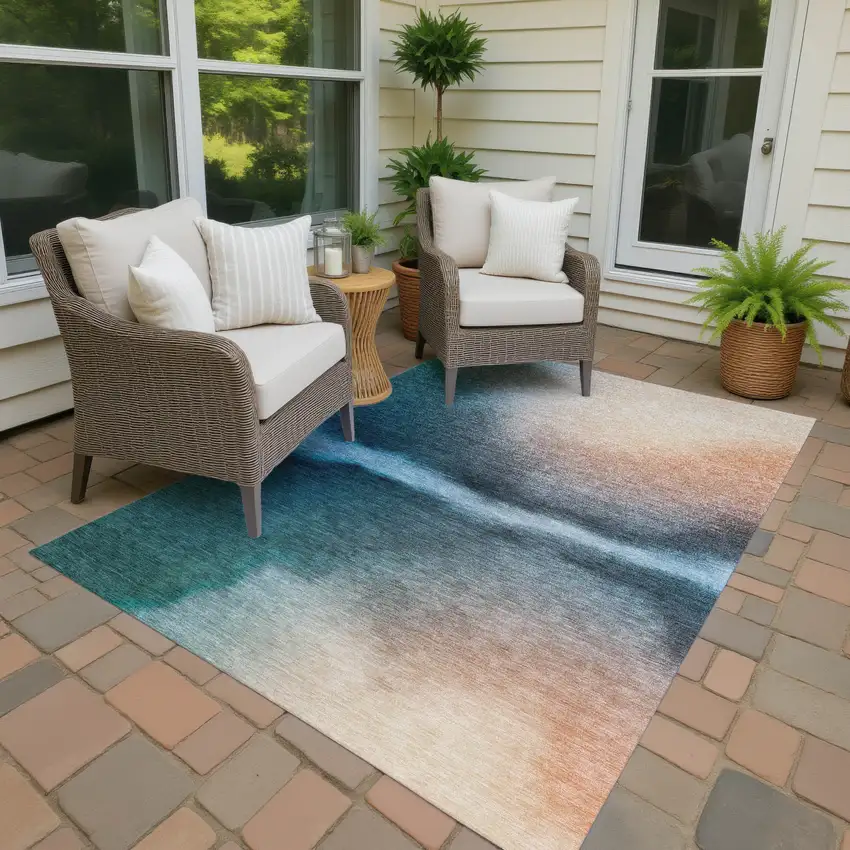 Teal Blue Salmon And Ivory Abstract Washable Indoor Outdoor Area Rug Photo 4