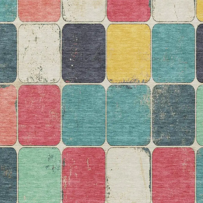 Teal Blue Salmon And Yellow Geometric Washable Indoor Outdoor Area Rug Photo 3