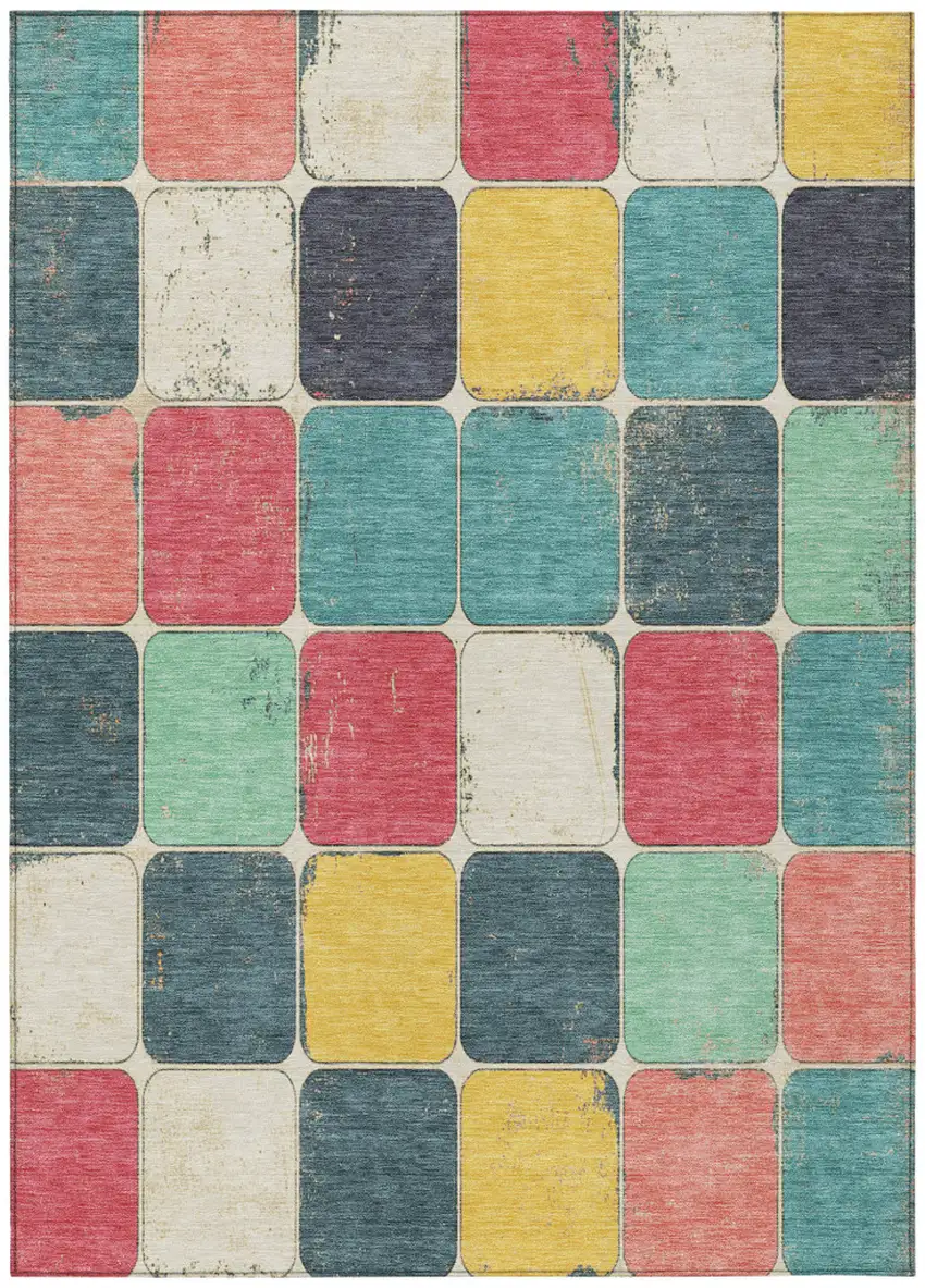 Teal Blue Salmon And Yellow Geometric Washable Indoor Outdoor Area Rug Photo 1