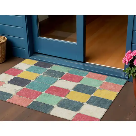 Teal Blue Salmon And Yellow Geometric Washable Indoor Outdoor Area Rug Photo 2
