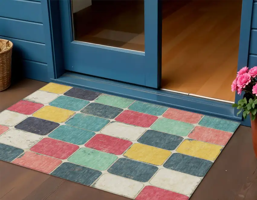 Teal Blue Salmon And Yellow Geometric Washable Indoor Outdoor Area Rug Photo 2