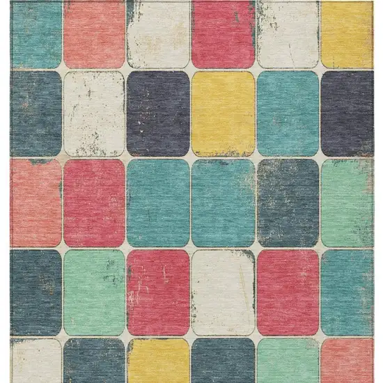 Teal Blue Salmon And Yellow Geometric Washable Indoor Outdoor Area Rug Photo 4