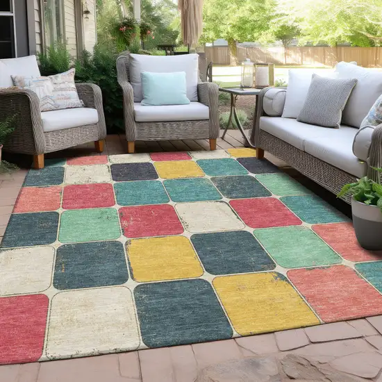 Teal Blue Salmon And Yellow Geometric Washable Indoor Outdoor Area Rug Photo 6