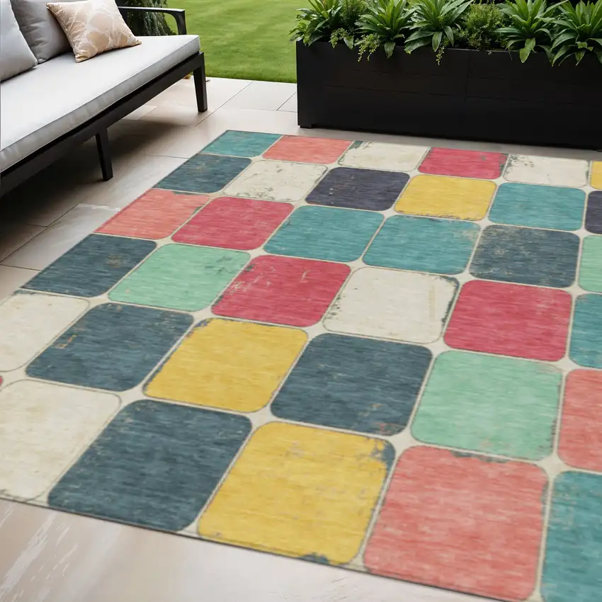 Teal Blue Salmon And Yellow Geometric Washable Indoor Outdoor Area Rug Photo 2
