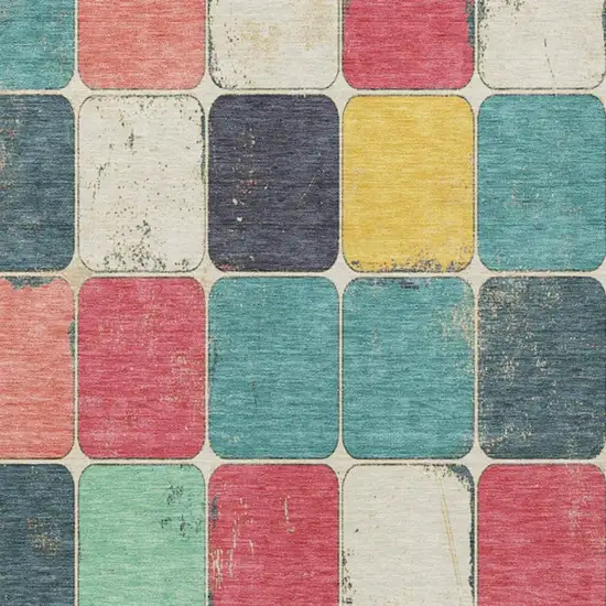 Teal Blue Salmon And Yellow Geometric Washable Indoor Outdoor Area Rug Photo 3