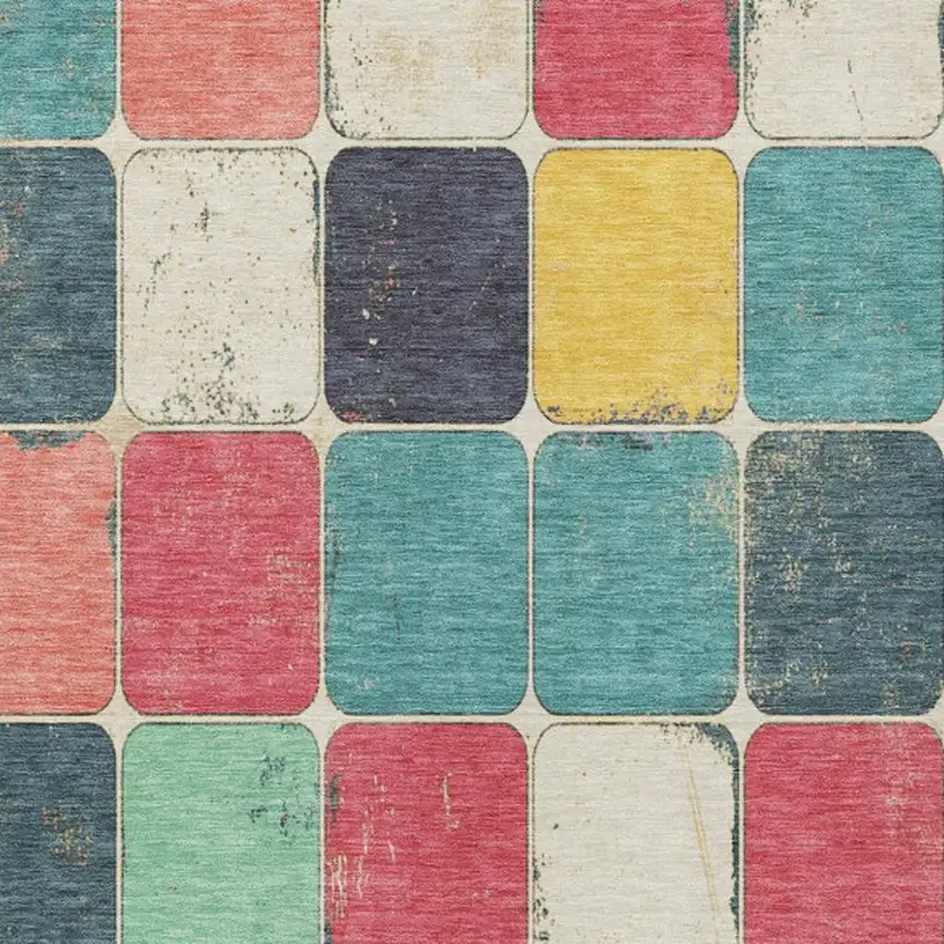 Teal Blue Salmon And Yellow Geometric Washable Indoor Outdoor Area Rug Photo 3