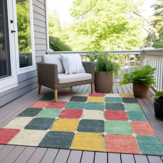 Teal Blue Salmon And Yellow Geometric Washable Indoor Outdoor Area Rug Photo 9