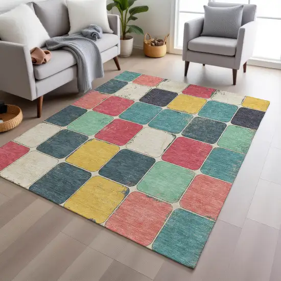 Teal Blue Salmon And Yellow Geometric Washable Indoor Outdoor Area Rug Photo 7