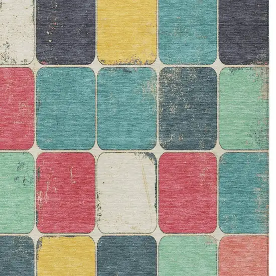 Teal Blue Salmon And Yellow Geometric Washable Indoor Outdoor Area Rug Photo 3