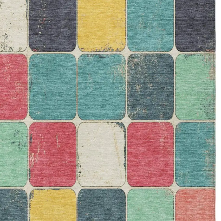 Teal Blue Salmon And Yellow Geometric Washable Indoor Outdoor Area Rug Photo 3