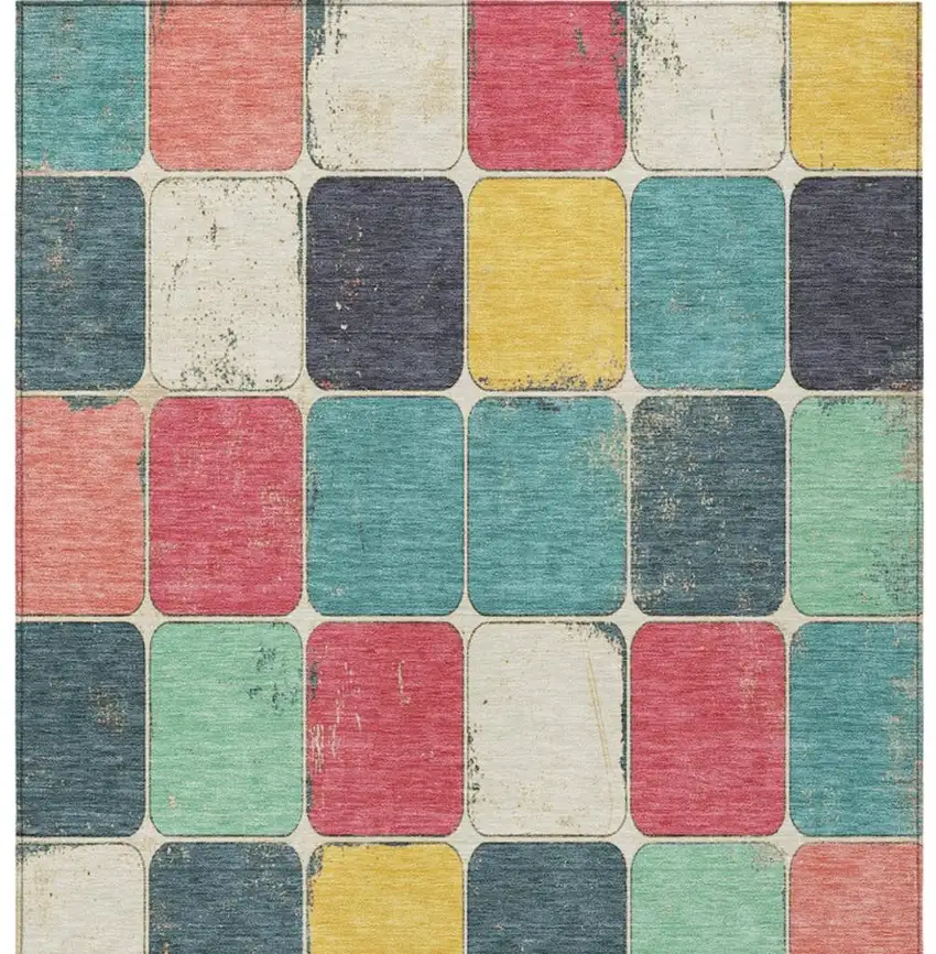 Teal Blue Salmon And Yellow Geometric Washable Indoor Outdoor Area Rug Photo 3