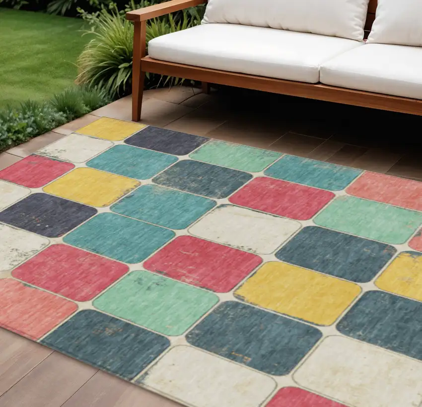 Teal Blue Salmon And Yellow Geometric Washable Indoor Outdoor Area Rug Photo 2