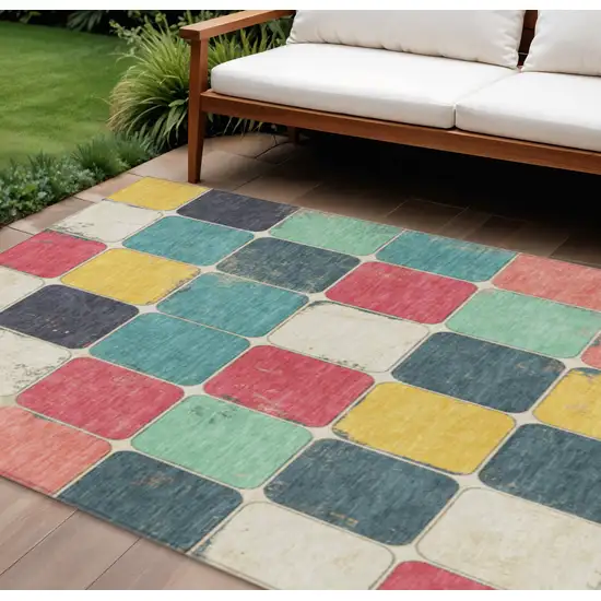 Teal Blue Salmon And Yellow Geometric Washable Indoor Outdoor Area Rug Photo 2