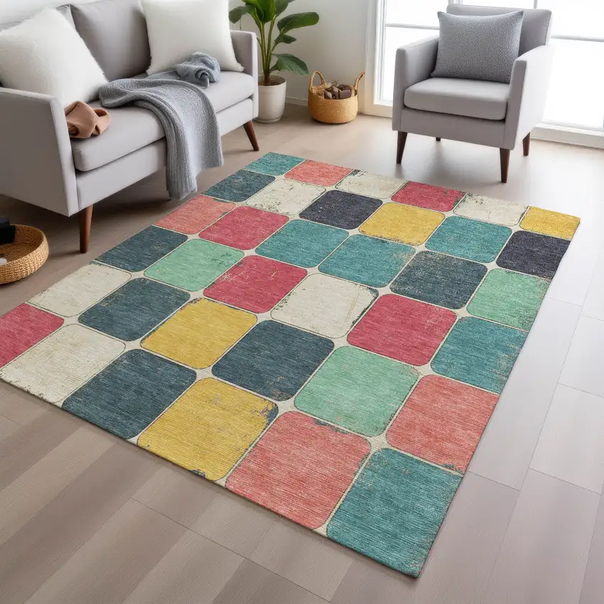 Teal Blue Salmon And Yellow Geometric Washable Indoor Outdoor Area Rug Photo 7