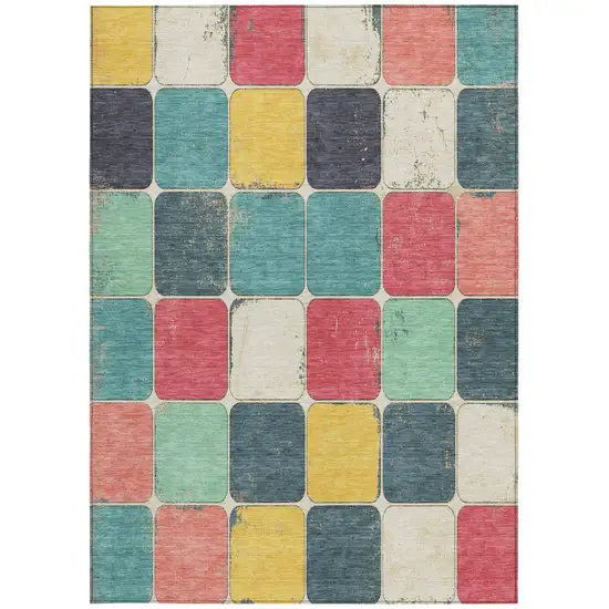 Teal Blue Salmon And Yellow Geometric Washable Indoor Outdoor Area Rug Photo 4